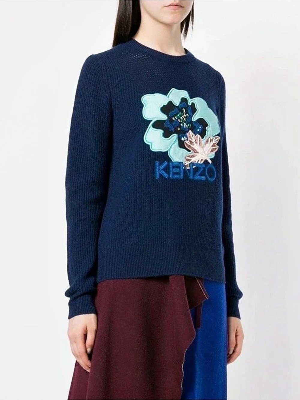 KENZO Indonesian Flower Comfort Knit Navy Blue Wool Sweater Size X-Small